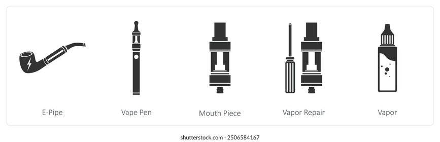 Un conjunto de 5 iconos de vapeo como e pipe, vape pen, pieza de boca