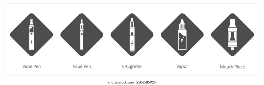 Un conjunto de 5 iconos de vapeo como pluma de vapeo, cigarrillo electrónico, vapor