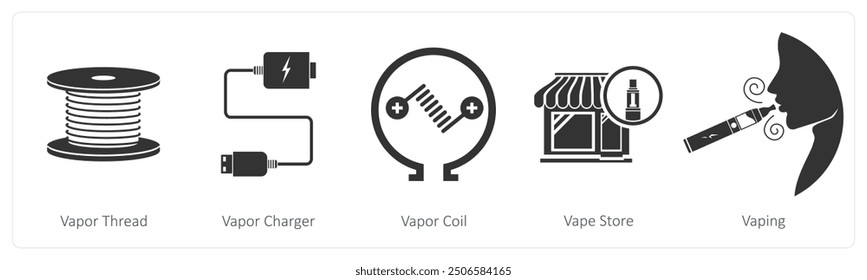 A set of 5 vaping icons as vapor thread, vapor charger, vapor coil