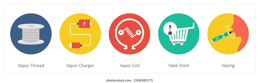 A set of 5 vaping icons as vapor thread, vapor charger, vapor coil