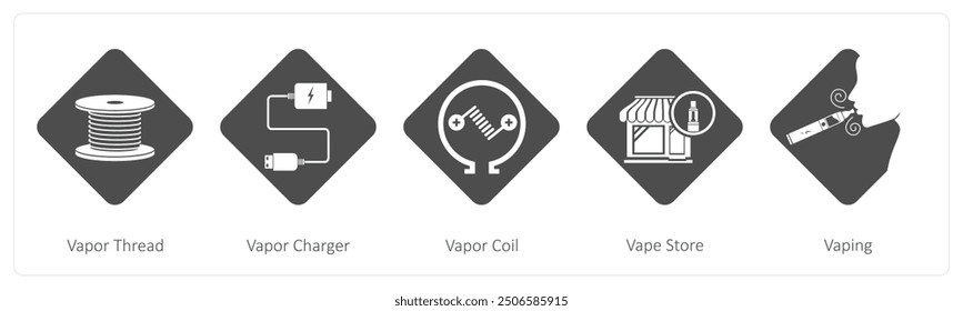 A set of 5 vaping icons as vapor thread, vapor charger, vapor coil