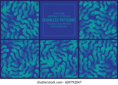 Set of 5 Vector Abstract Blue and Turquoise Stippled Seamless Patterns. Handmade Tileable Geometric Dotted Grunge Background