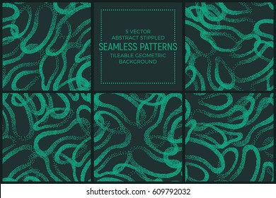 Set of 5 Vector Abstract Green and Turquoise Stippled Seamless Patterns. Handmade Tileable Geometric Dotted Grunge Background