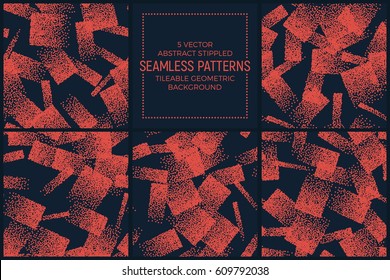 Set of 5 Vector Abstract Orange and Dark Blue Stippled Seamless Patterns. Handmade Tileable Geometric Dotted Grunge Background