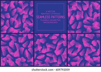 Set of 5 Vector Abstract Pink and Blue Stippled Seamless Patterns. Handmade Tileable Geometric Dotted Grunge Background