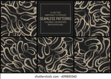Set of 5 Vector Abstract Stippled Seamless Patterns. Handmade Tileable Geometric Dotted Grunge Background
