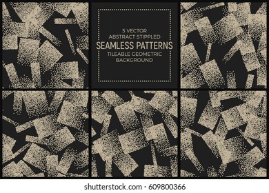Set of 5 Vector Abstract Stippled Seamless Patterns. Handmade Tileable Geometric Dotted Grunge Background