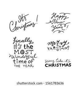 Set of 5 vector Christmas handwritten letterings. Doodle calligraphy. It's Christmas, Happy New Year, Finally it's the most wonderful time of the year, Merry Christmas, Seems like it's Christmas