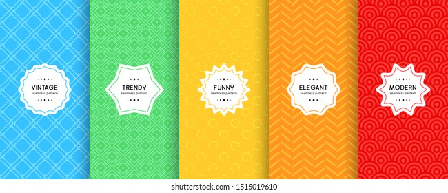 Set of 5 vector colorful cute seamless patterns. Childish vibrant textures with retro shapes. Summer and autumn backdrop design. Eps 10