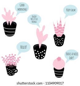 Set of 5 vector cute potted plants and text, good idea for bullet journal stickers, patches, scrapbooking, etc.