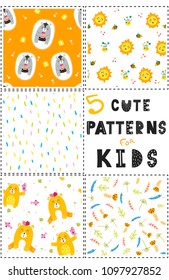 Set of 5 vector cute seamless patterns for kids. Collection of patterns in the scandinavian style. Can be used print for t-shirts, home decor, cards, posters for baby room or bedroom.
