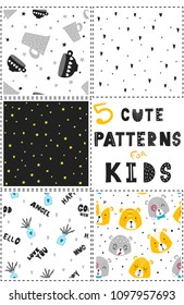 Set of 5 vector cute seamless patterns for kids. Collection of patterns in the scandinavian style. Can be used print for t-shirts, home decor, cards, posters for baby room or bedroom.