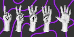 Set Of 5 Vector Elements In Retro Halftone Style. Various Hand Gesture Icons With Number Of Fingers, Counting By Bending Fingers. Pop Art Paper Cut Elements.