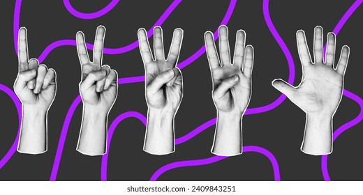 Set of 5 vector elements in retro halftone style. Various hand gesture icons with number of fingers, counting by bending fingers. Pop art paper cut elements.