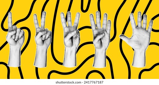 Set of 5 vector elements in retro halftone style on a yellow background. Various hand gesture icons with number of fingers, counting by bending fingers. Pop art paper cut elements.