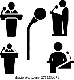 Set of 5 vector icons featuring public speakers at podiums and standalone microphone. Includes front view, side view, and lectern variations with suit and tie details. Solid black silhouette style for politics business conference media podcast education and presentation design. Isolated on white background. Ideal for news graphics press release icons corporate slides and debate campaign materials.