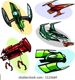 A set of 5 vector illustrations of alien spaceships.