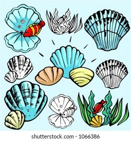 A set of 5 vector illustrations of clams and mussels in color, and black and white renderings.