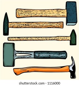 A set of 5 vector illustrations of hammers.