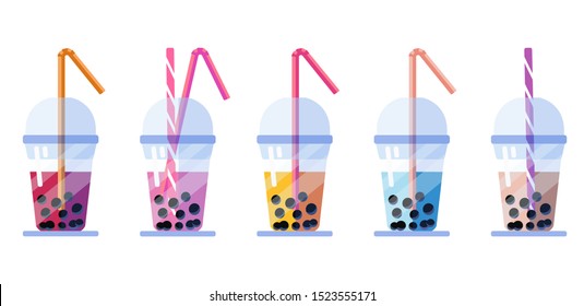 Set of 5 vector illustrations of multicolored tapioca drinks