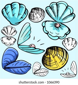 A set of 5 vector illustrations of mussels and clams in color, and black and white renderings.