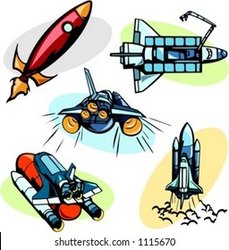 A set of 5 vector illustrations of space shuttles.