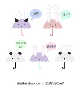 Set of 5 vector kawaii umbrellas with animal funny faces, perfect for bullet journals, stickers, patches, etc.