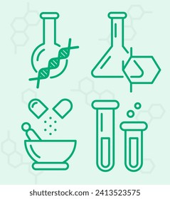 Set of 5 vector outline icons in green color. Vector image of the elements of the attributes of a chemist. Illustration of chemical flasks, pharmaceutical mortar.