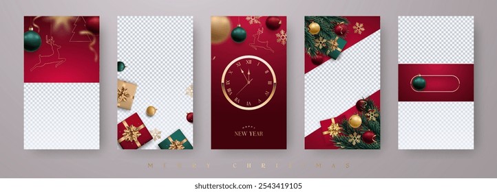 Set of 5 vertical banners with ornaments and clock for holidays