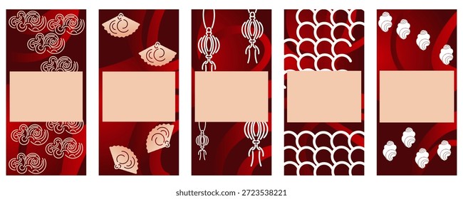 establece 5 Anuncios de Vertical con Elementos chinos tradicionales como nubes, albóndigas, linternas y patrones de ondas en tonos rojos. Perfecto para temas festivos o culturales.  