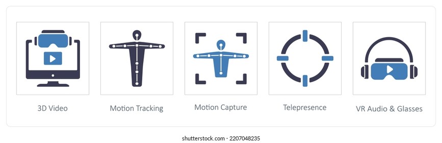 A set of 5 Virtual Reality icons such as 3d video, motion tracking and Motion Capture