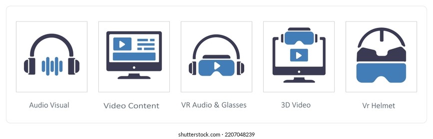 A set of 5 Virtual Reality icons such as Audio Visual andvideo content
