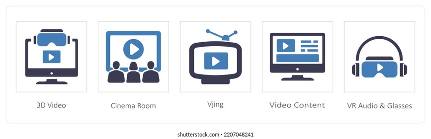 A Set Of 5 Virtual Reality Icons Such As 3D Video, Cinema Room And Vjing