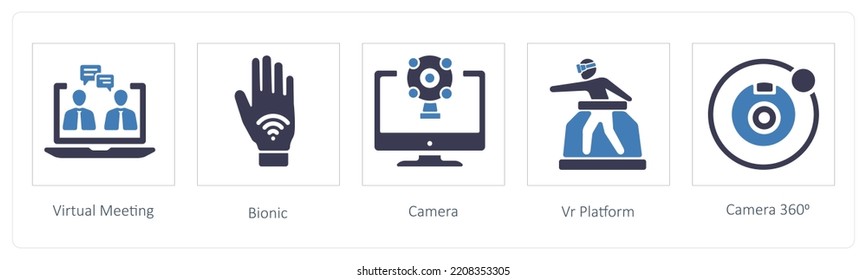 A Set Of 5 Virtual Reality Icons Such As Virtual Meeting, Bionic And Camera