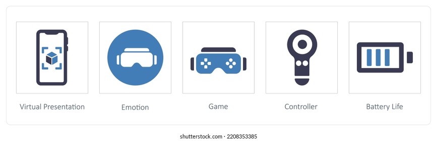 Un conjunto de 5 iconos de Realidad virtual como Presentación virtual y Emoción
