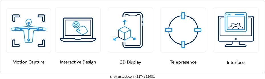 Un conjunto de 5 iconos de Realidad virtual como captura de movimiento, diseño interactivo