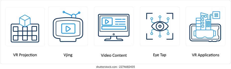 A set of 5 Virtual Reality icons as vr projection, vjing, video content