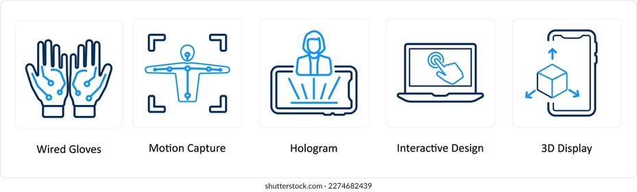 A set of 5 Virtual Reality icons as wired gloves, motion capture, hologram