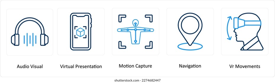 Un conjunto de 5 iconos de Realidad virtual como audio visual, presentación virtual, captura de movimiento