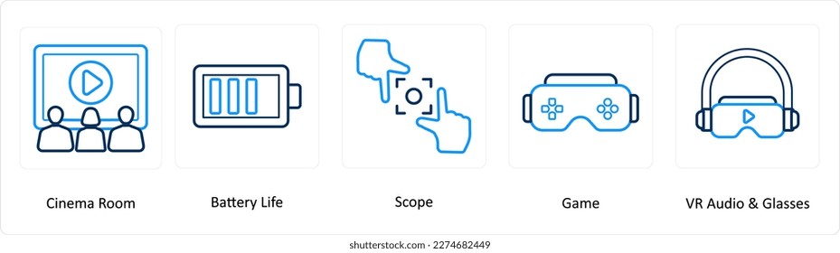A set of 5 Virtual Reality icons as cinema room, battery life, scope