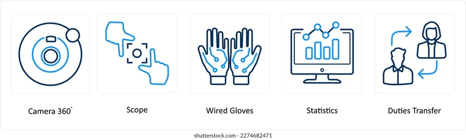 Eine Reihe von 5 Virtual Reality-Symbolen wie Kamera 360, Tragweite, Handschuhe mit Kabelanschluss