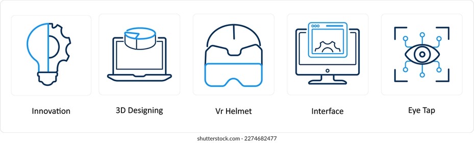 A set of 5 Virtual Reality icons as innovation, 3d designing, vr helmet