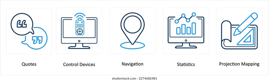 Eine Reihe von 5 Symbolen für virtuelle Realität wie Anführungszeichen, Steuergeräte, Navigation
