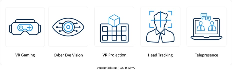 A set of 5 Virtual Reality icons as vr gaming, cyber eye vision, vr projection