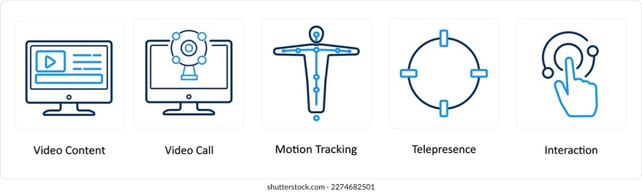 A set of 5 Virtual Reality icons as video content, video call, motion tracking