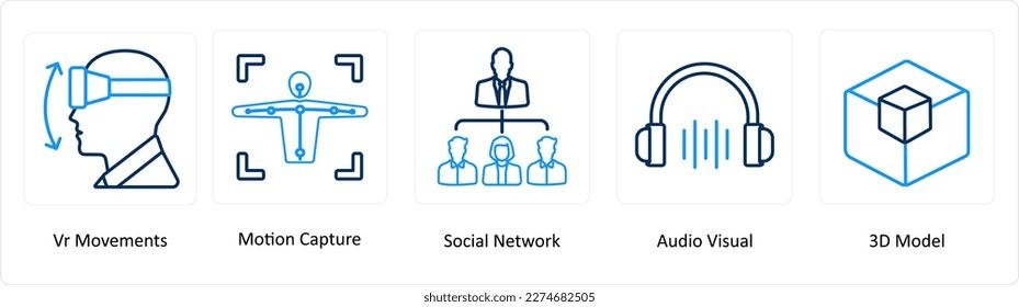 Un conjunto de 5 íconos de Realidad Virtual como movimientos vr, captura de movimiento, red social