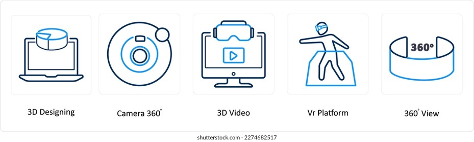 Eine Reihe von 5 Virtual Reality-Symbolen wie 3D-Design, Kamera 360, 3D-Video