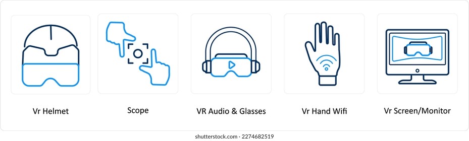 A set of 5 Virtual Reality icons as vr helmet, scope, vr audio and glasses