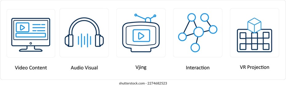 Eine Reihe von 5 Virtual Reality-Symbolen wie Videoinhalte, Audiovisuelles, Vjing