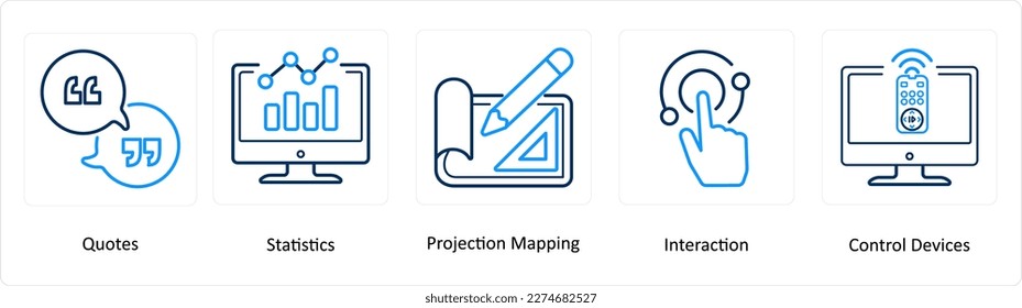 A set of 5 Virtual Reality icons as quotes, statistics, projection mapping
